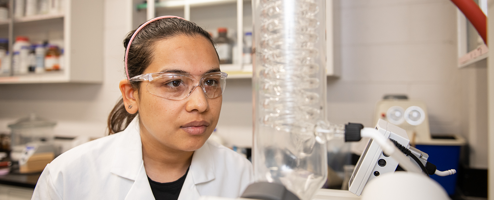 Graduate student watches an experiment in a lab.